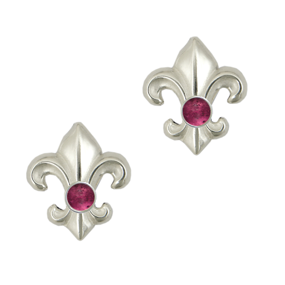 Sterling Silver Fleur de Lis Post Stud Earrings With Pink Tourmaline